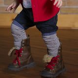 Toddler boy legwarmers, navy stripe, on model