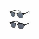 One adult and One Junior (tween) sized sunglasses, sold as a set. Black polished frames with gold metal trim and clear nose pieces