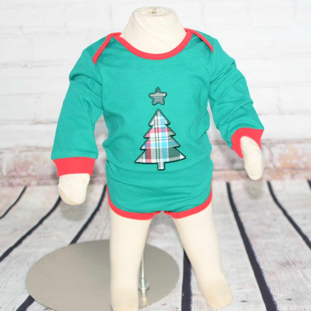 Baby Holiday Onesie Green with Christmas Tree Rockaboy Apparel