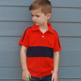 Wes & Willy Boys Rugby Polo, Orange and Navy on model