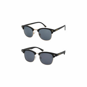 One adult and One Junior (tween) sized sunglasses, sold as a set. Black polished frames with gold metal trim and clear nose pieces