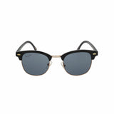 Adult Retro Style Sunglasses with "hang ten" logo in cursive in the upper corner of the right lens. Black frames with gold metal accents and clear nose-pieces
