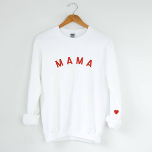 white crewneck sweatshirt with curved "Mama" print in red ink. Small red heart on left sleeve.