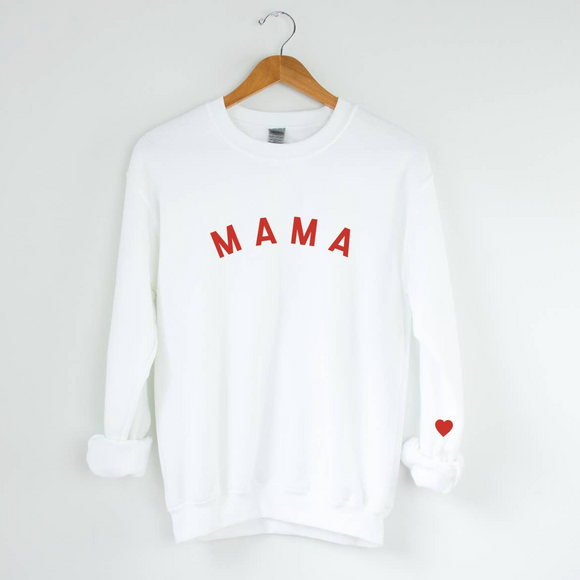 white crewneck sweatshirt with curved 